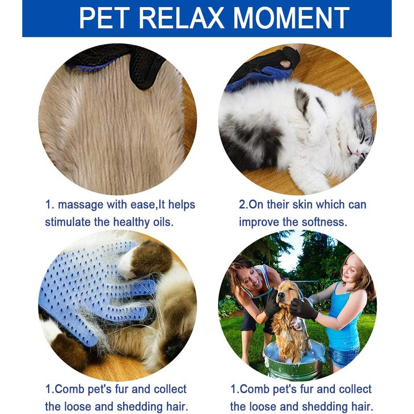 Blue Pet Gloves for Dogs and Cats Grooming Glove Brush Glove Pet Hair Remover