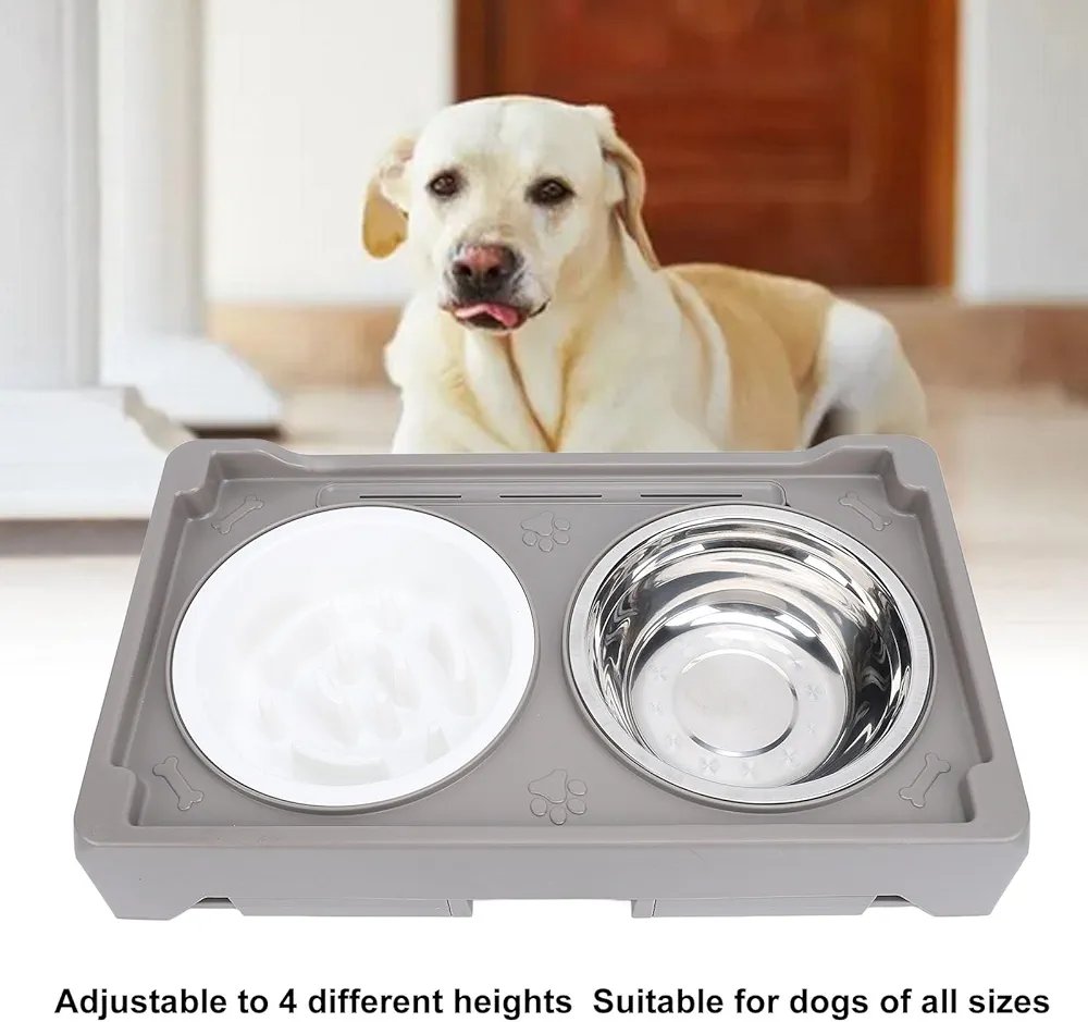 Adjustable Dog Bowl, Adjustable Elevated Dog Bowl Antislip Feeder Elevated Double Dog Bowls with Detachable Legs for Large Dogs (Gray)
